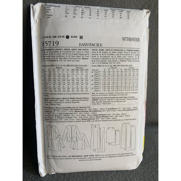 Butterick Misses Jacket Dress Skirt Pants Sewing Pattern Sz 8-16 B5719 - Uncut - Picture 3 of 4